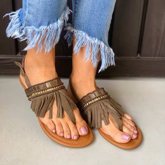 Distressed Fringe Embellished T-Strap Boho Sandal - Picture 5 of 6